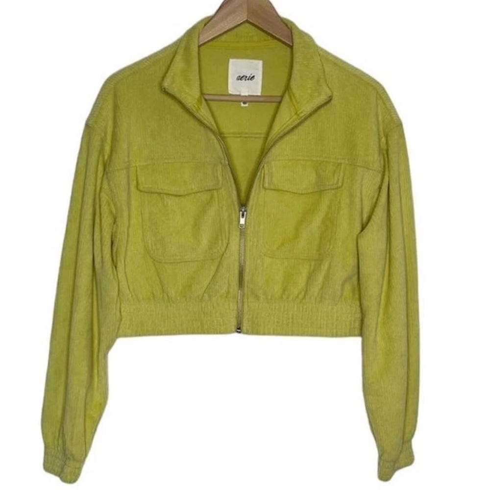 Aerie Cropped Corduroy Zip Jacket |  Bright Yellow Green | Size M - Picture 2 of 14